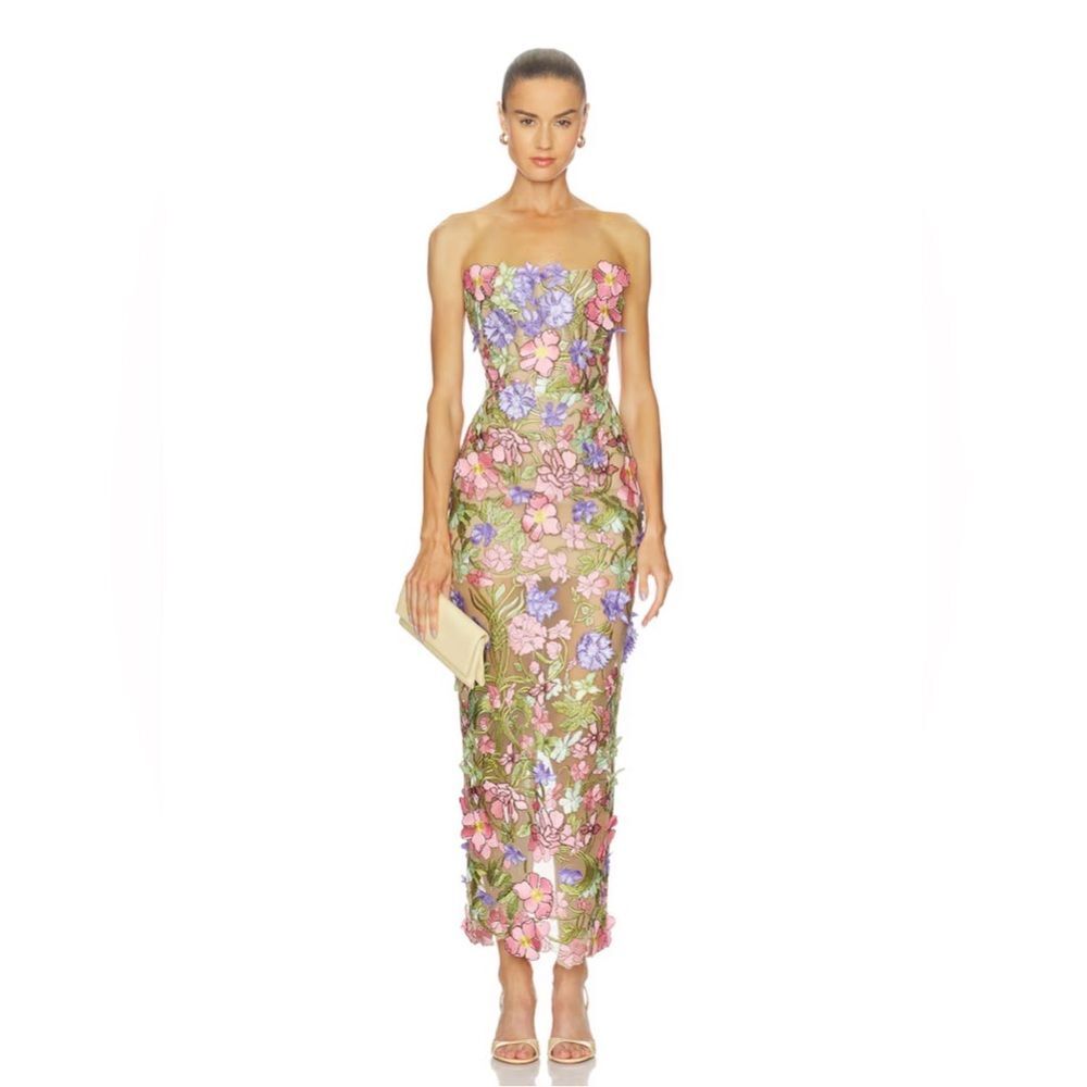 Bronx and Banco Strapless Floral Appliqué Midi Dress in Pink, Purple & Green